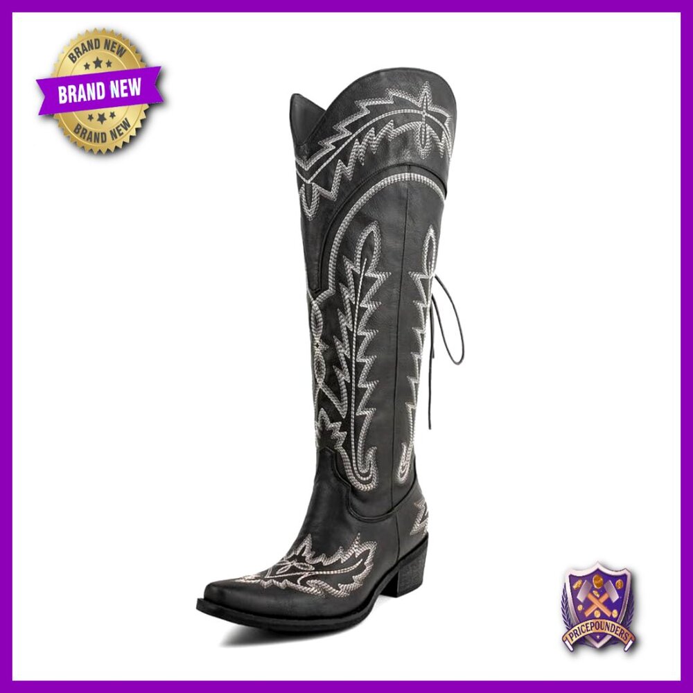 Knee High Western Cowgirl Boots Wide Calf Embroidered Lace Up Fashion Boots - Picture 2 of 6